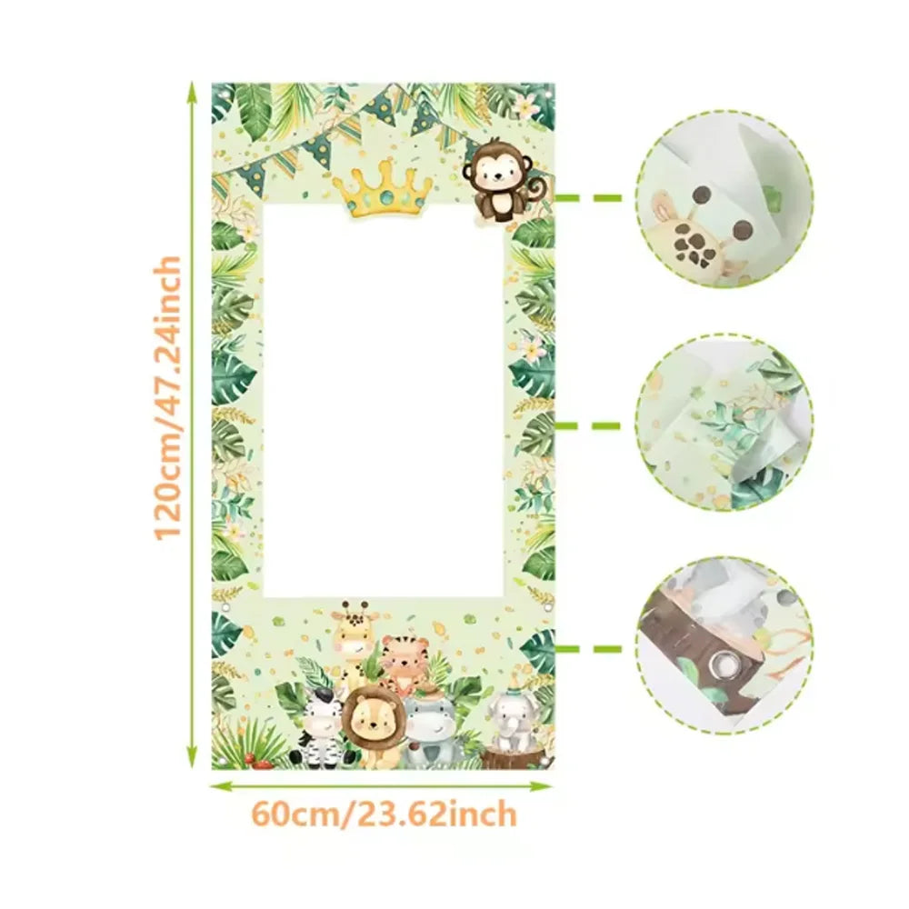 cadre photo vinyle jungle animaux motifs feuilles vert clips festif anniversaire enfants décoration tropicale