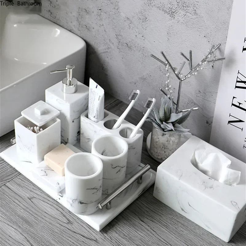 ensemble salle bain moderne marbre blanc gris brosse dents tube dentifrice gobelet distributeur savon