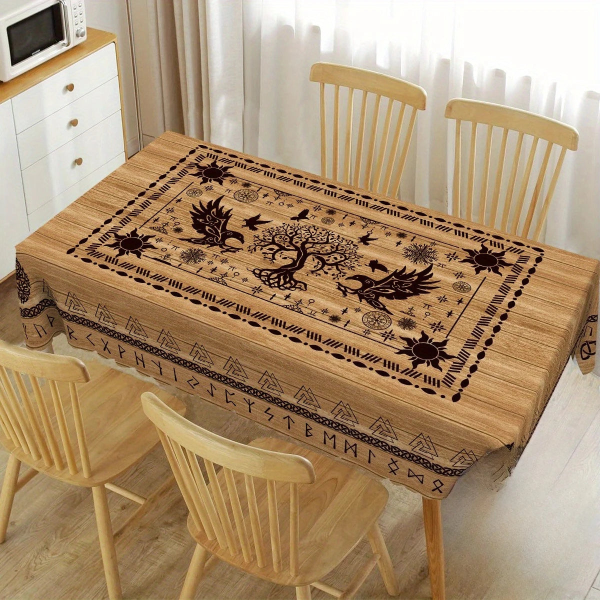 nappe viking arbre vie oiseaux runes beige noire moderne rectangle polyester réutilisable table cuisine