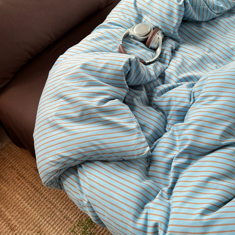 ensemble literie moderne rayures bleu marron housse couette taies oreiller adultes chambre
