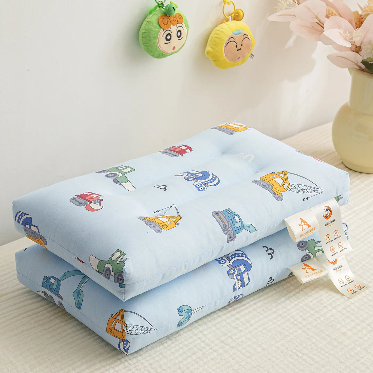 oreiller bébé coton polyester dessin animaux motifs géométriques rose blanc bleuclair protection cou fourragsaisons