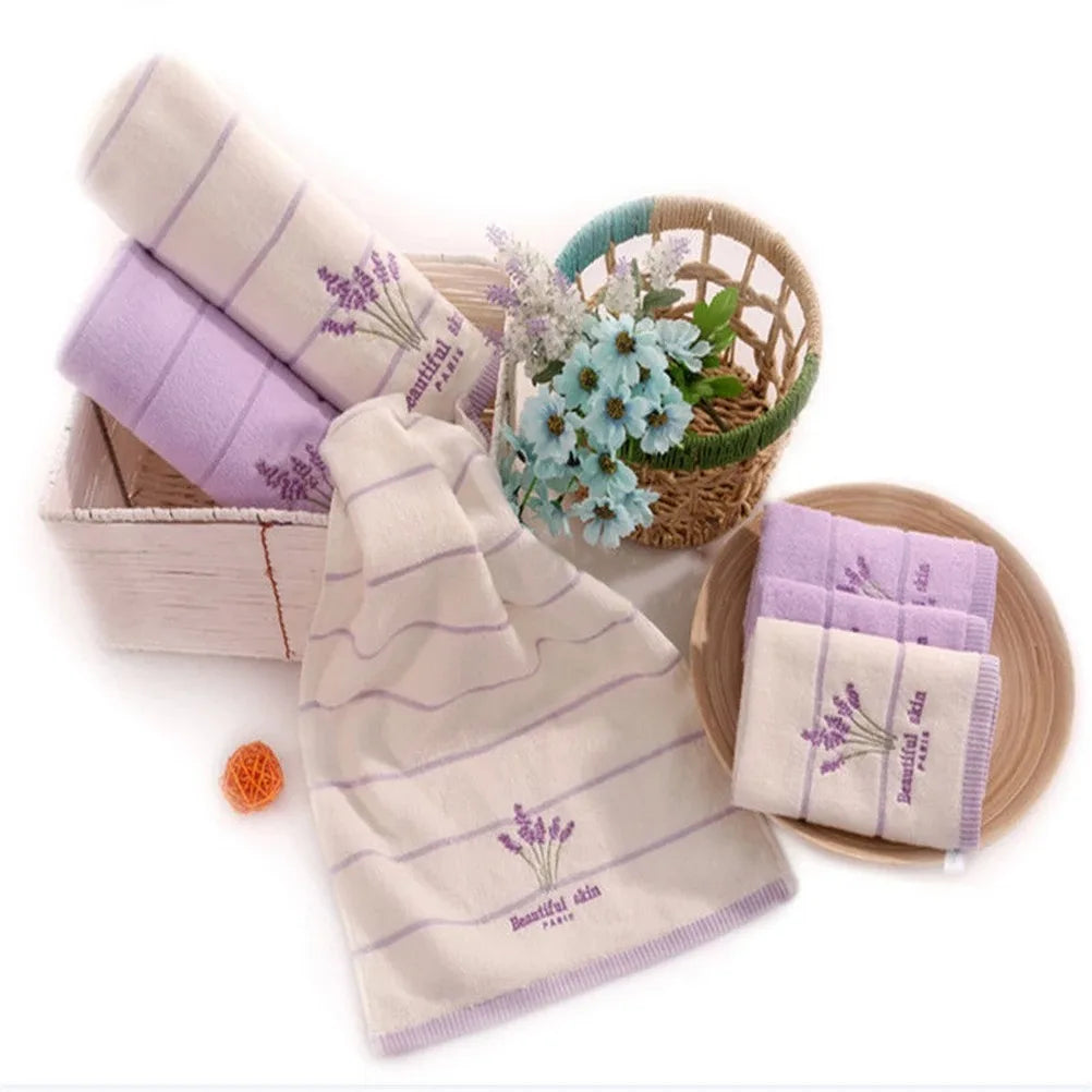 serviettes bain brodées coton polyester violet clair rayures fleurs absorption rapide douces classiques violet