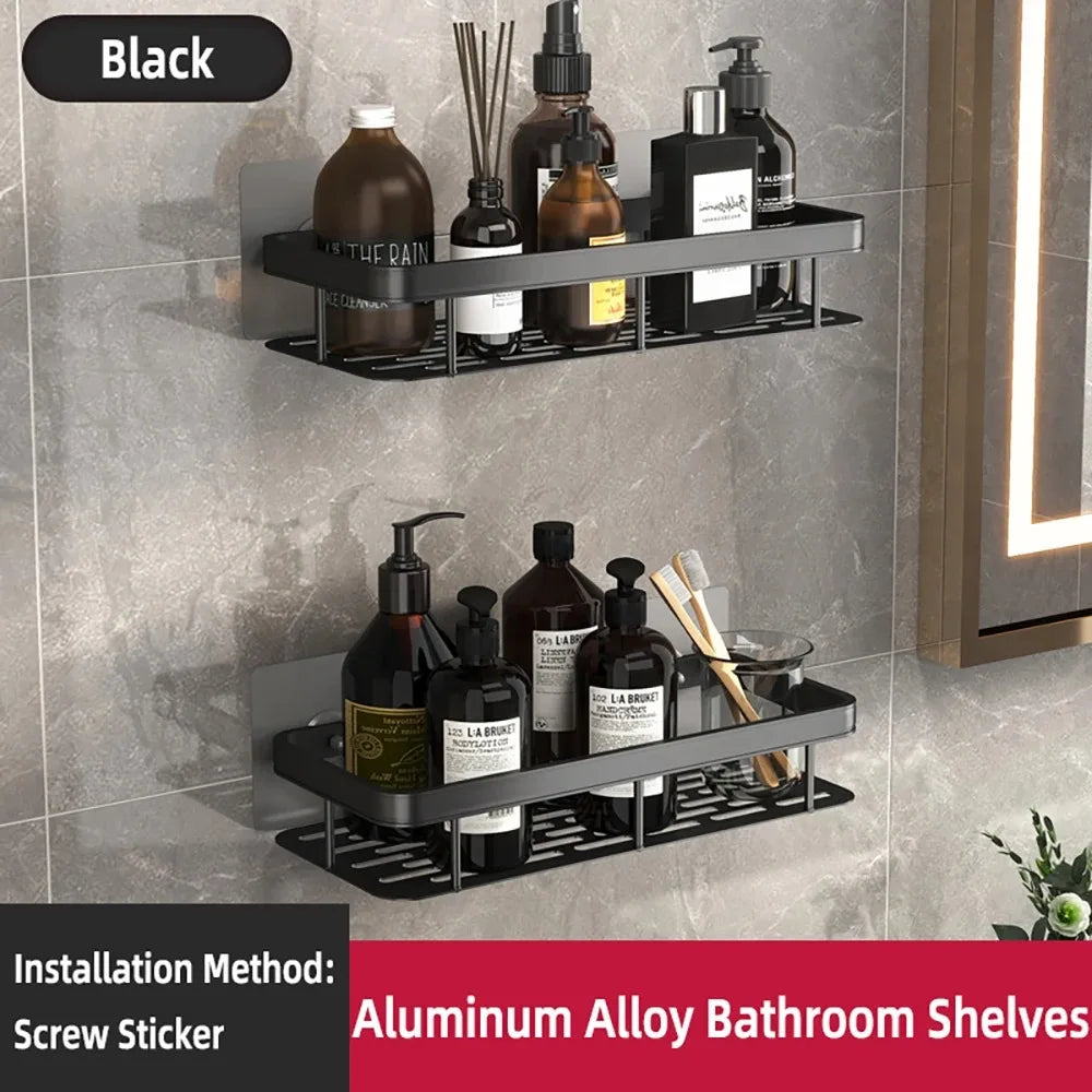rangements étagères salle bain adhésives modernes noires grille rangement cosmétiques accessoires toiletttes