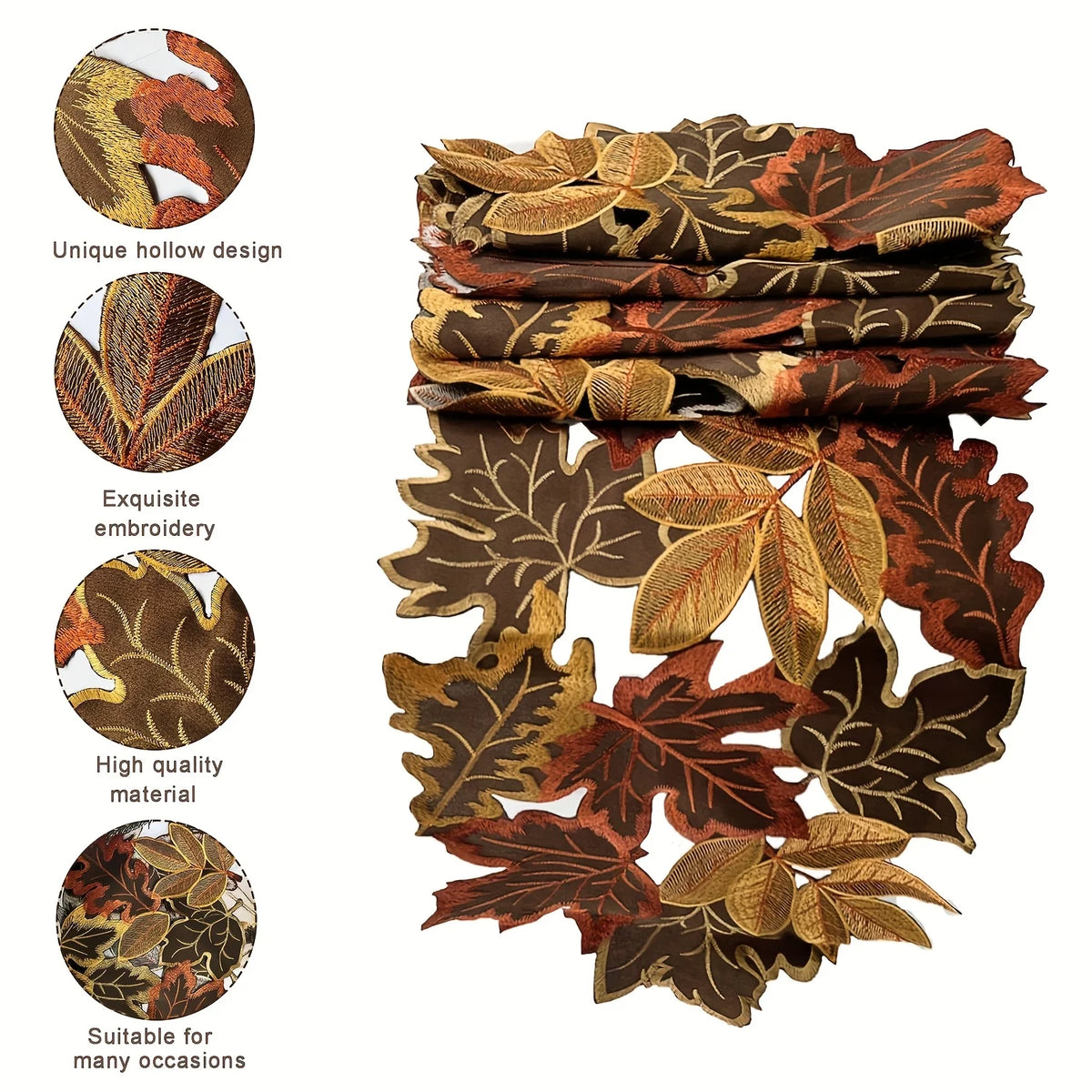 nappe décorative automnale feuilles érable brodées rustique couleurs marron orange rouge doré semi transparent