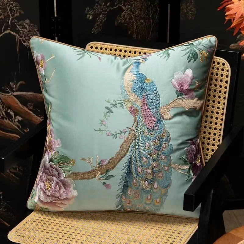 taie d'oreiller brodée oiseau pavillon fleurs 45x45cm polyester bleu clair rouge beige decorative sofa