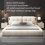 lit moderne minimaliste bois simili cuir beige gris porte chargement lumière douce chambre coucher