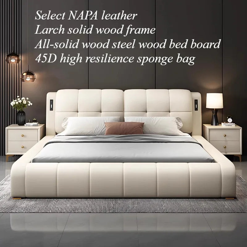 lit moderne minimaliste bois simili cuir beige gris porte chargement lumière douce chambre coucher