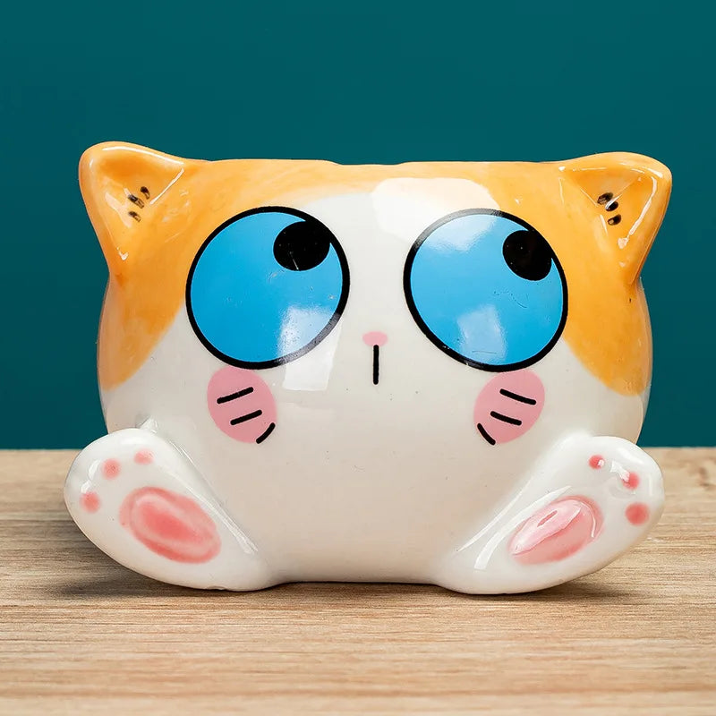 cache pot forme chat cartoon miniature deco plante verte blanc rose orange