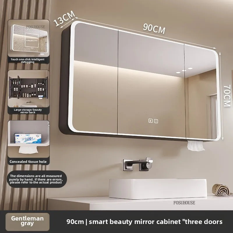 armoire salle bain murale miroir led rangement porte coulissante moderne blanc gris