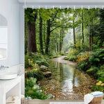 rideau douche polyester paysage forestier ruisseau naturel vert marron jaune blanc 180x180cm tringle rideau