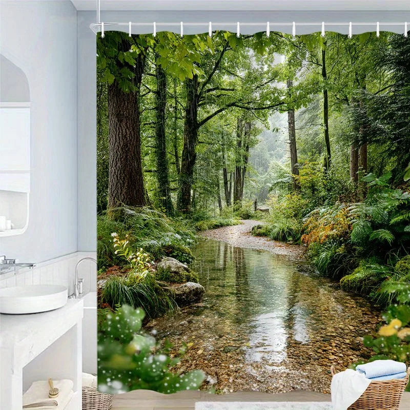 rideau douche polyester paysage forestier ruisseau naturel vert marron jaune blanc 180x180cm tringle rideau