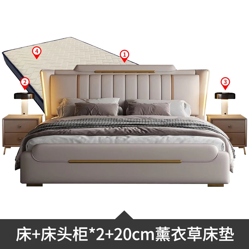lit moderne bois simili cuir beige vertical doré intérieur 150cmextérieur 168cmhauteur 117cmlongueur 225cm