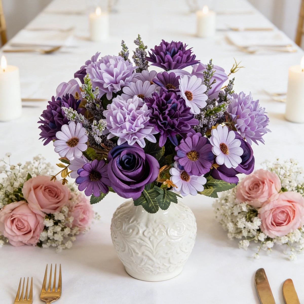 bouquet fleurs artificielles roses marguerites décoration mariage anniversaire extérieur maison vases blanc violet rouge