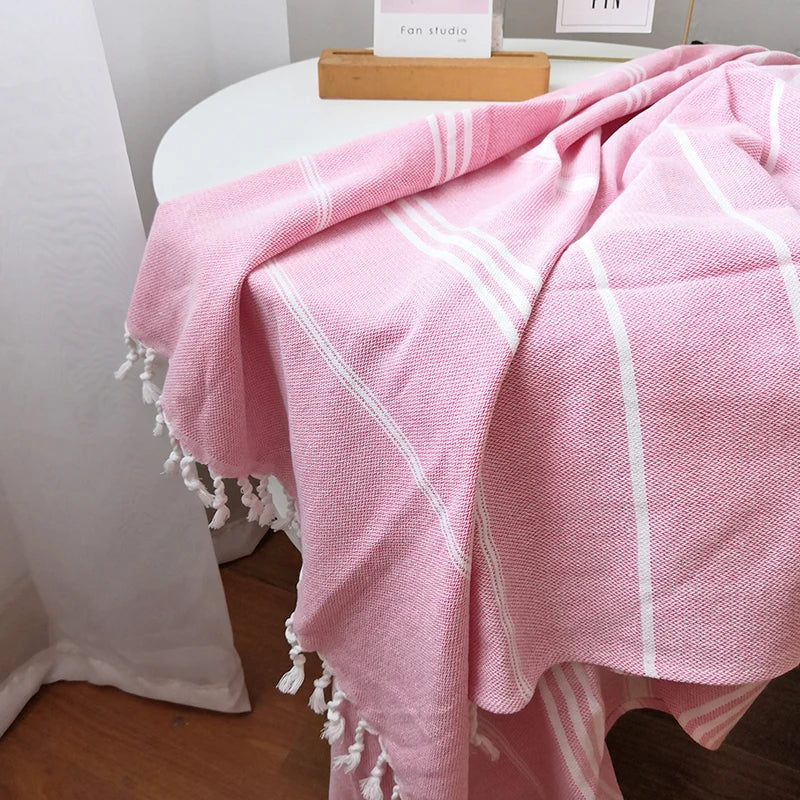 serviette plage rayée rose clair coton absorbant rapide sèche moderne minimaliste tassel