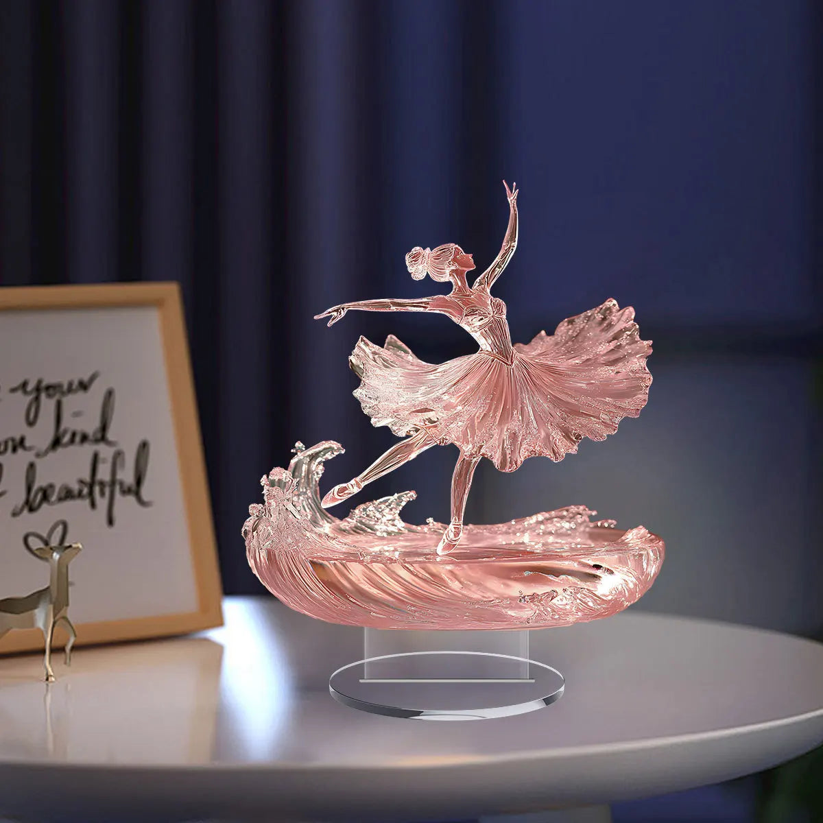 danseuse ballet sculpture art contemporain rose pâle tutu ondulations base transparente décoration intérieure 20cm