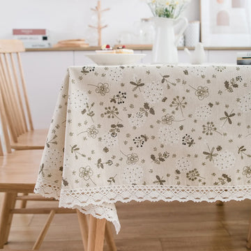 nappe table fleurs dandelins classique beige clair marron simple bordure dentelée coton lin réutilisableDecoration