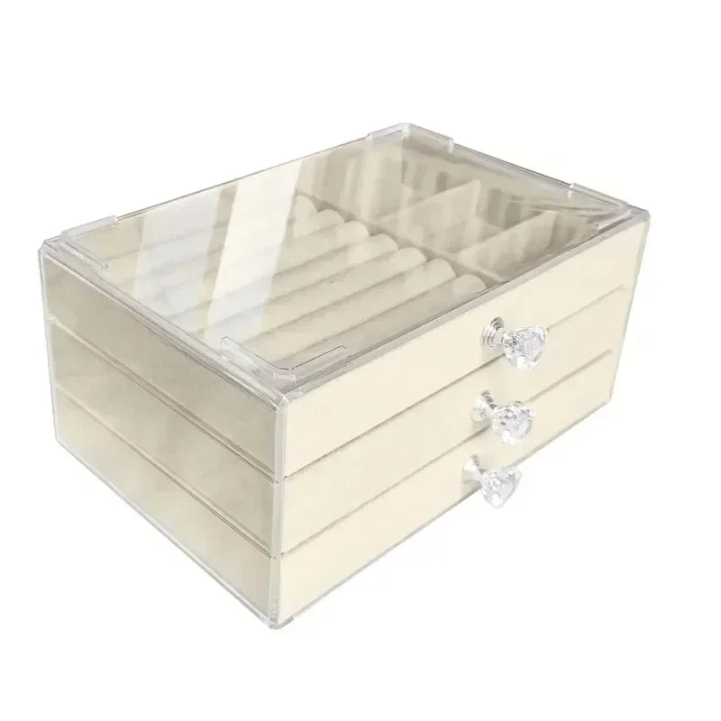boîte rangement bijoux velours transparent moderne tiroirs respectueux environnement rose gris élégant