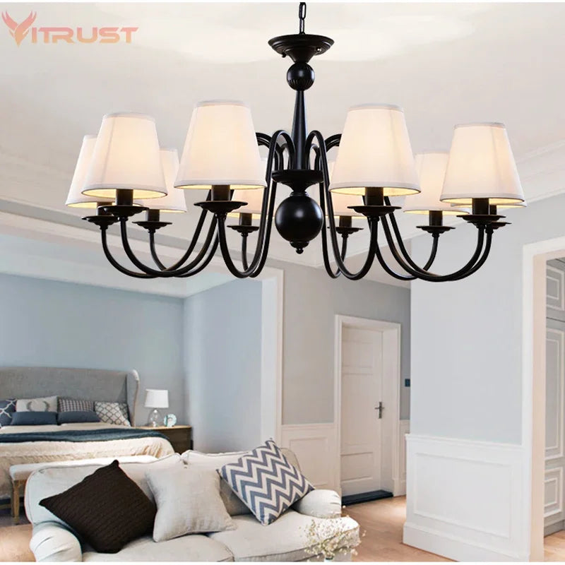 lustre fer noir classique abat jour blancs interrupteur bouton verre dépoli