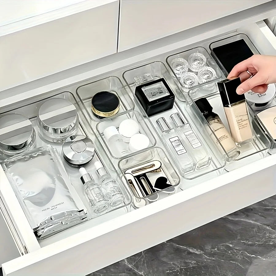 organiseur tiroir transparent moderne compartiments cosmétiques pinceaux fournitures rouleaux adhésifs autocollants pinces bouteilles