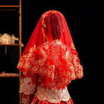 voile mariage rouge broderie dorée ornements floraux classique traditionnel opacité 100x100cm