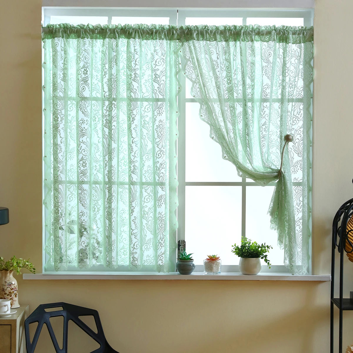 rideau fenêtre dentelle florale transparent champêtre couleur blanche verte chambre salon