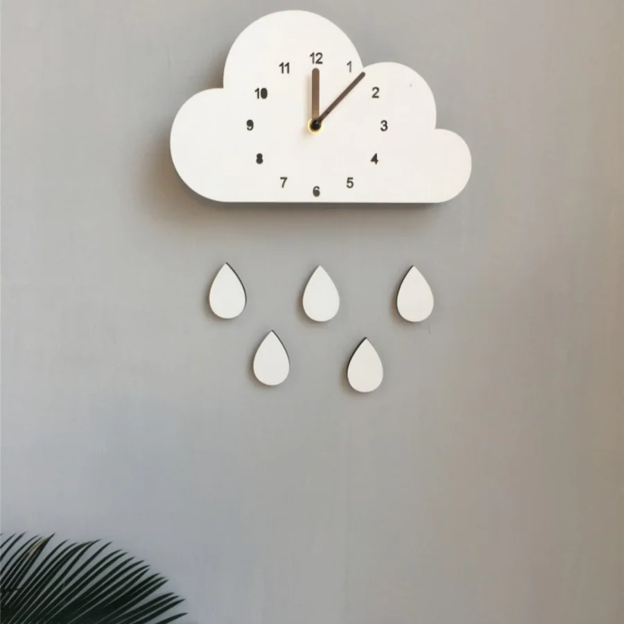 horloge murale nuage gouttes pluie chiffres blanc minimaliste chambre enfant