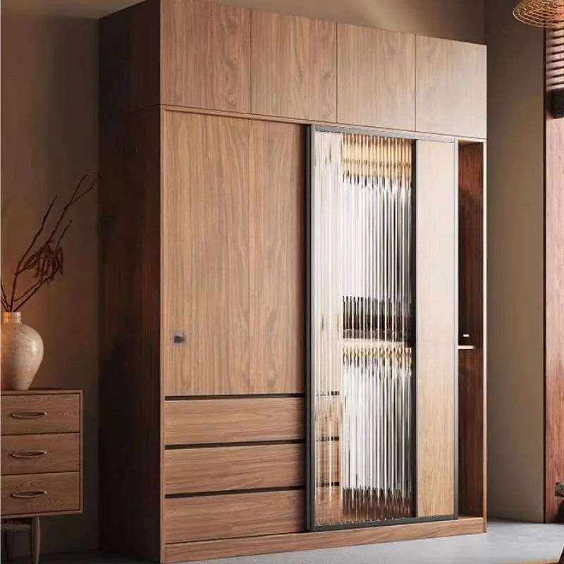 armoire portes coulissantes moderne bois naturel noir étagères tiroirs minimaliste chambre coucher