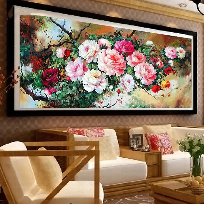 tableau peinture l'huile floral fleurs roses rouges blanches fond vert cadre noir coton 100x55cm