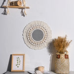 miroir décoratif boho blanc beige macramé franges artisanal
