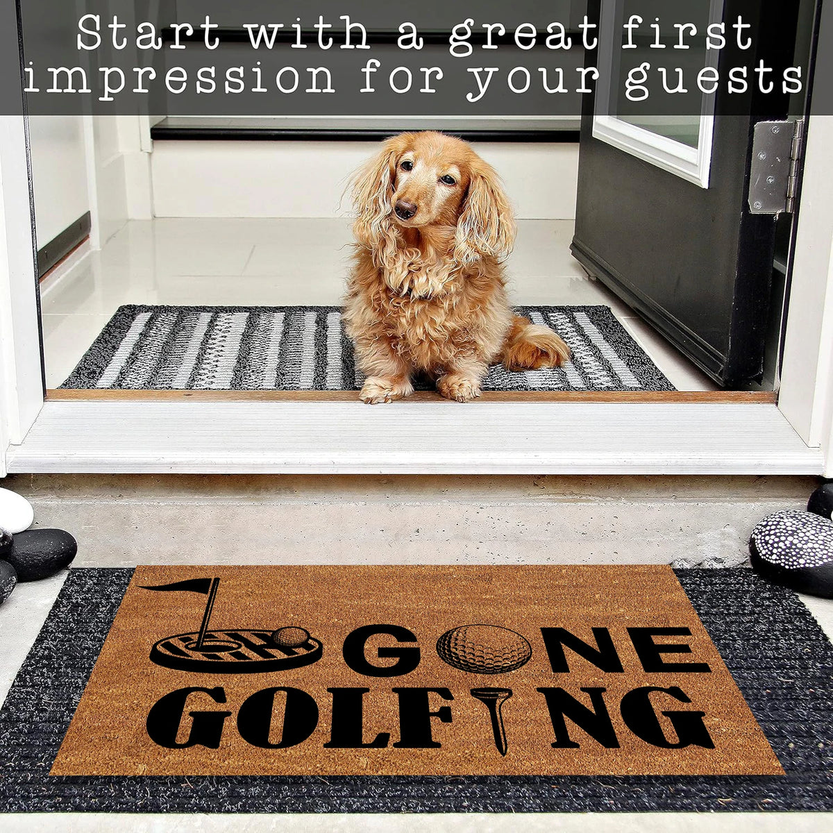tapis d'entrée marron clair imprimé éléments golf antidérapant résistant bactéries moderne extérieur sol porte