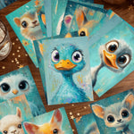 cartes postales animaux mignons oiseau chat lapin chien illustration bleu blanc orange gris marron