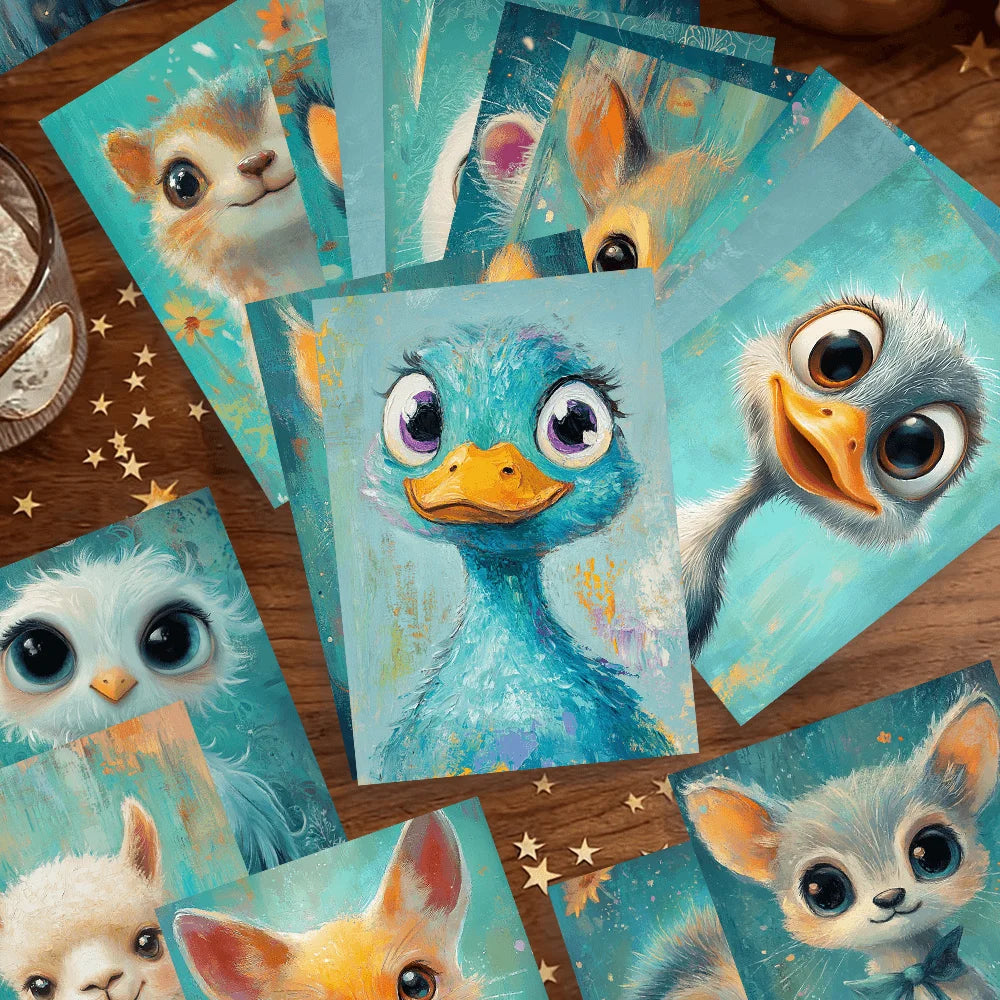 cartes postales animaux mignons oiseau chat lapin chien illustration bleu blanc orange gris marron