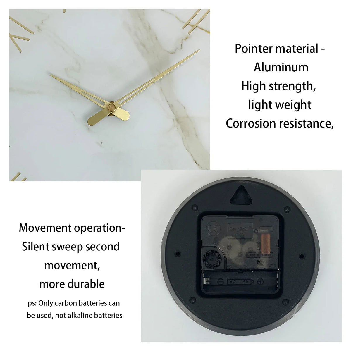horloge murale moderne marbre blanc aiguille quartz 12 pouces adhésif salon