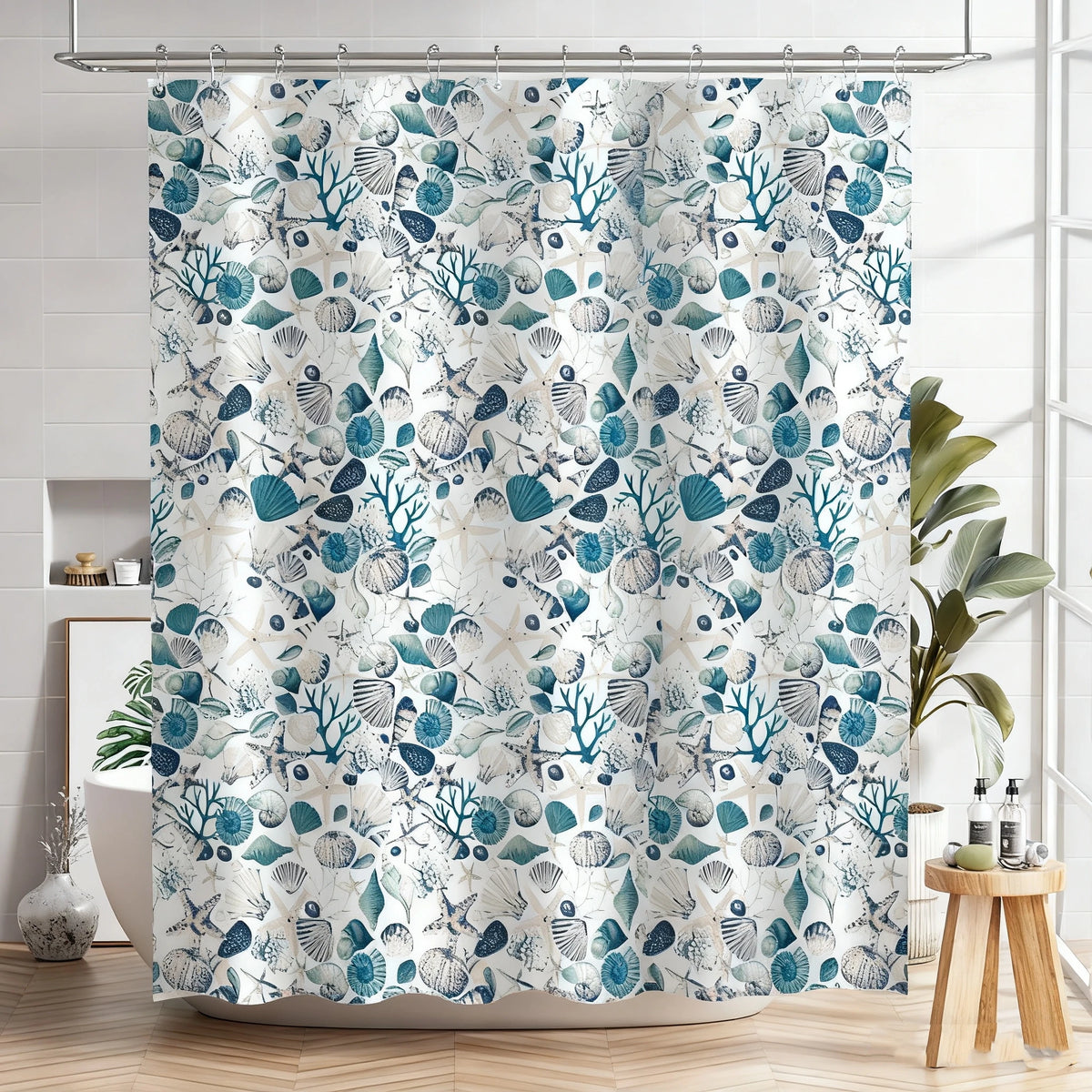 rideau douche polyester blanc fleur géométrique moderne anneaux