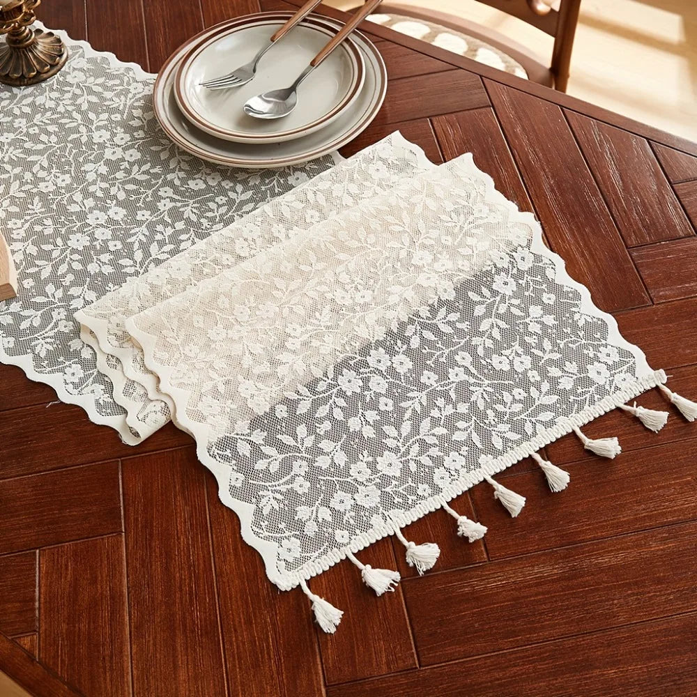 nappe table dentelle florale transparente noir blanche beige décoration champêtre vintage assises dîner réception
