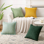 coussins décoratifs modernes rayés pompons housses velours côtelé polyester 45x45cm vert jaune beige opaques