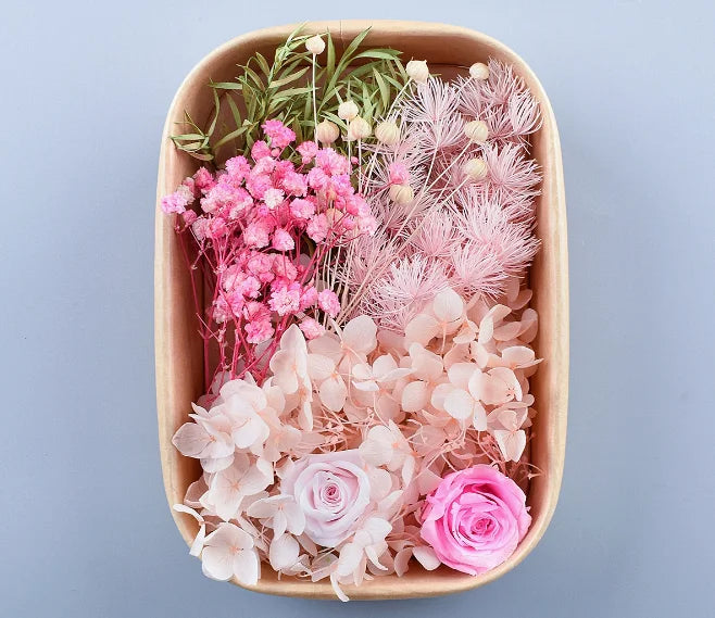 Fleurs séchées naturelles variées bleu rose vert blanc décoration diy bougie évènement