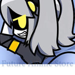 housse coussin anime gris noir personnages stylisés oreilles pointues yeux jaunes vêtements détails jaunes