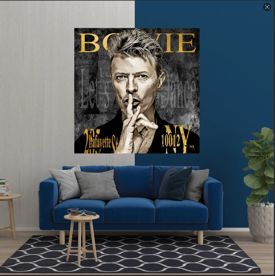 tableau moderne portrait david bowie noir doré gris pop art prêt accrochage sans cadre