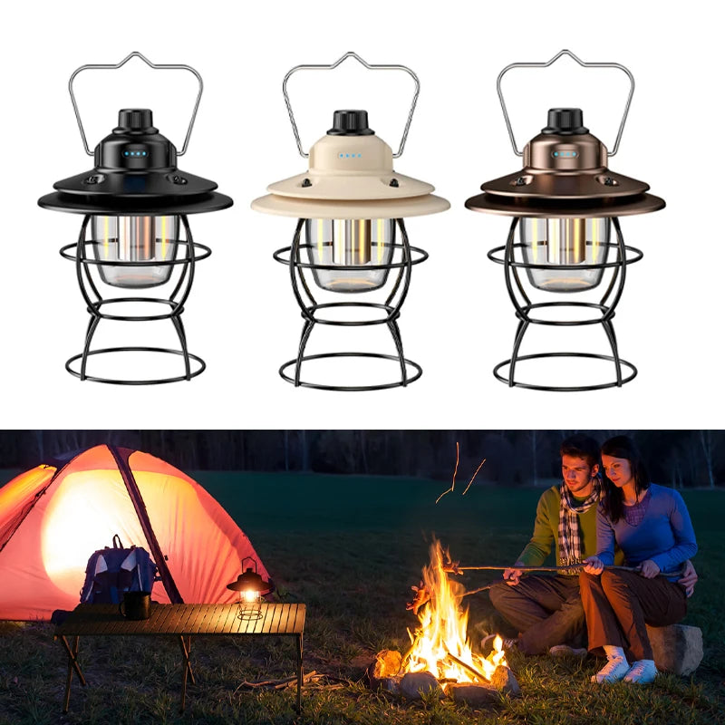 lanterne camping vintage led recharge usb portable métal noir blanc bronze