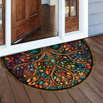tapis demi circulaire moderne fleurs citrons entrée salon blanc bleu jaune vert noir