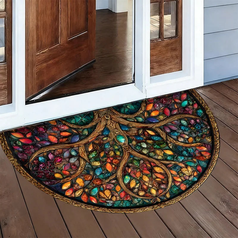tapis demi circulaire moderne fleurs citrons entrée salon blanc bleu jaune vert noir