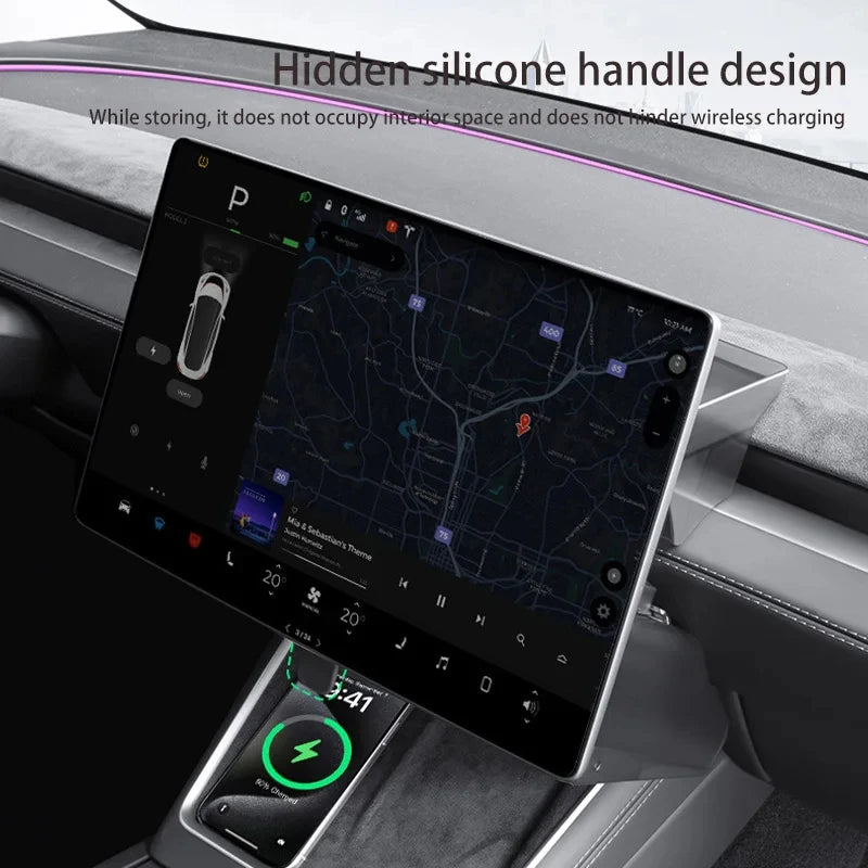 rangement voiture adhésif ouverture magnétique écran tableau bord compatible tesla moderne minimaliste