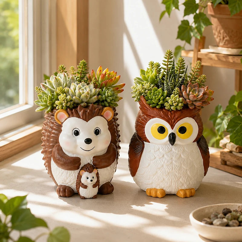pots fleurs décoration hibou hérisson succulentes plante verte résine texturée épines plumes piquantes gravéesextérieurintérieur