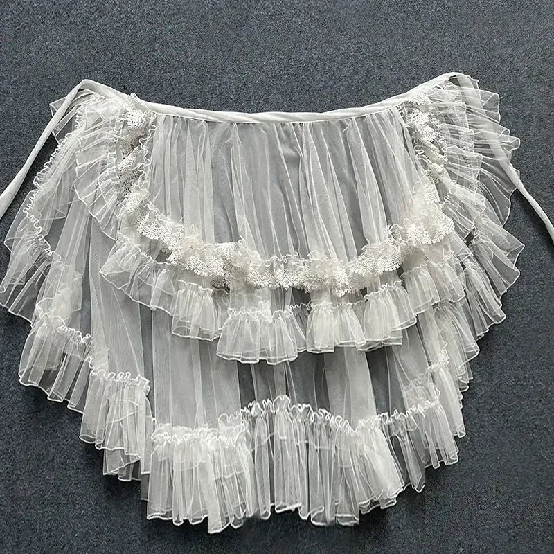 jupe femme lolita blanche dentelle volants superposés vintage romantique ceinture nouer taille ajustable