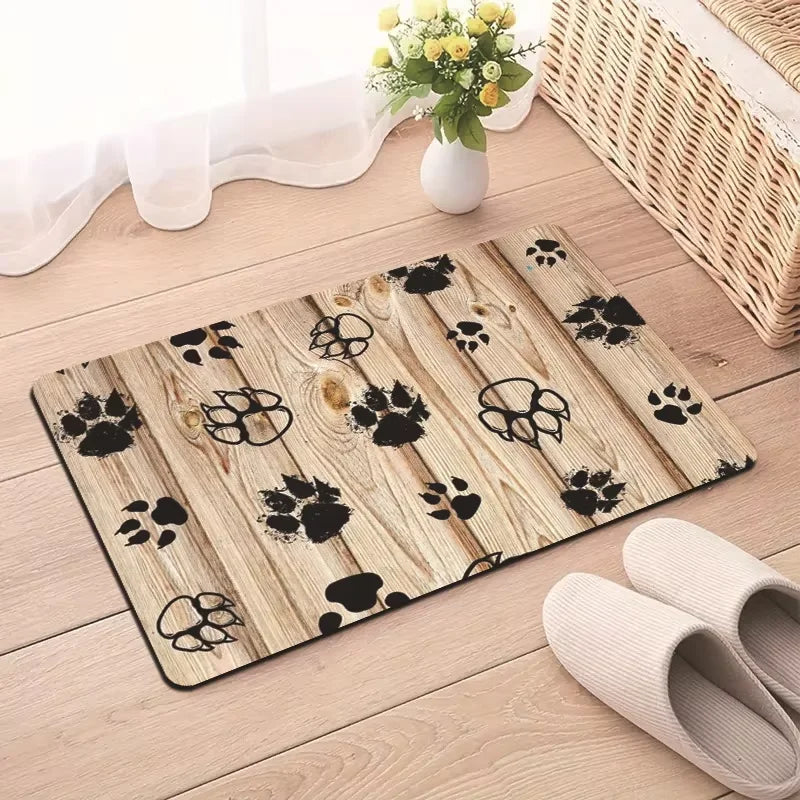 tapis absorbant antidérapant animaux violet bleu noir motif patte chien woof os floral
