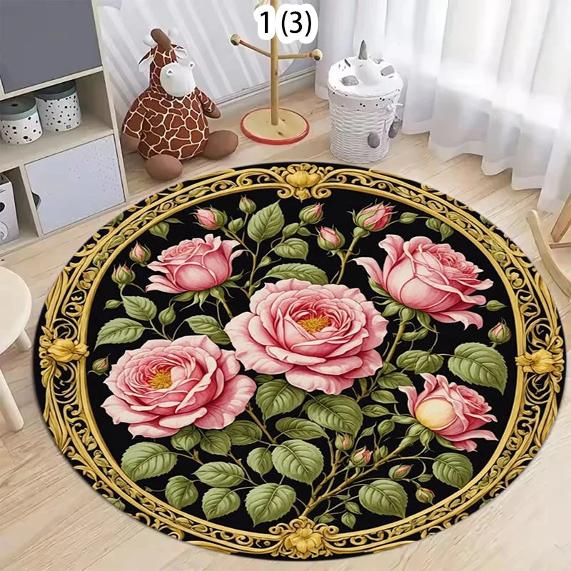 tapis rond fleur rose noir vert classique anti dérapant polyester polypropylène 40cm 80cm 120cm