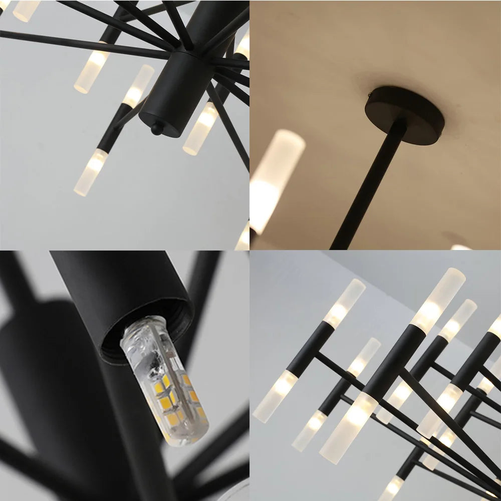 lampe suspendue moderne noir doré tubes transparents structure métallique scandinave led