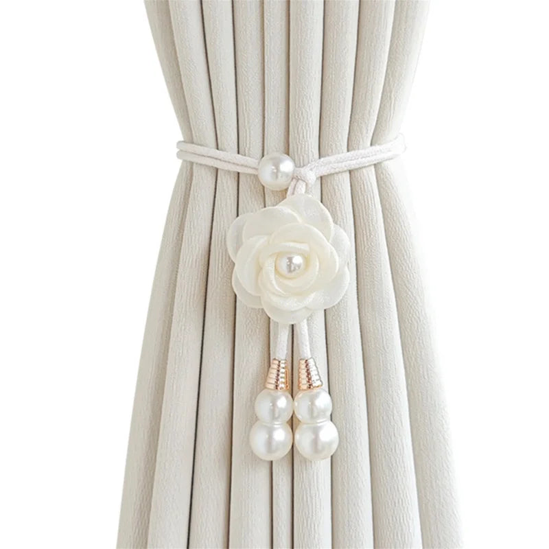 rideaux polonais fleurs relief soie nacrées corde tressée élégant accessoires décoratifs pastel doré