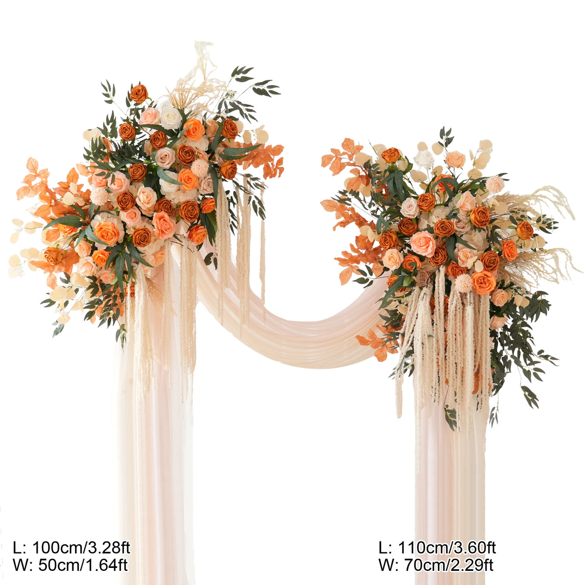 arche décorative boho chic fleurs artificielles orange feuilles vertes franges blanches extérieur mariage anniversaireévénement